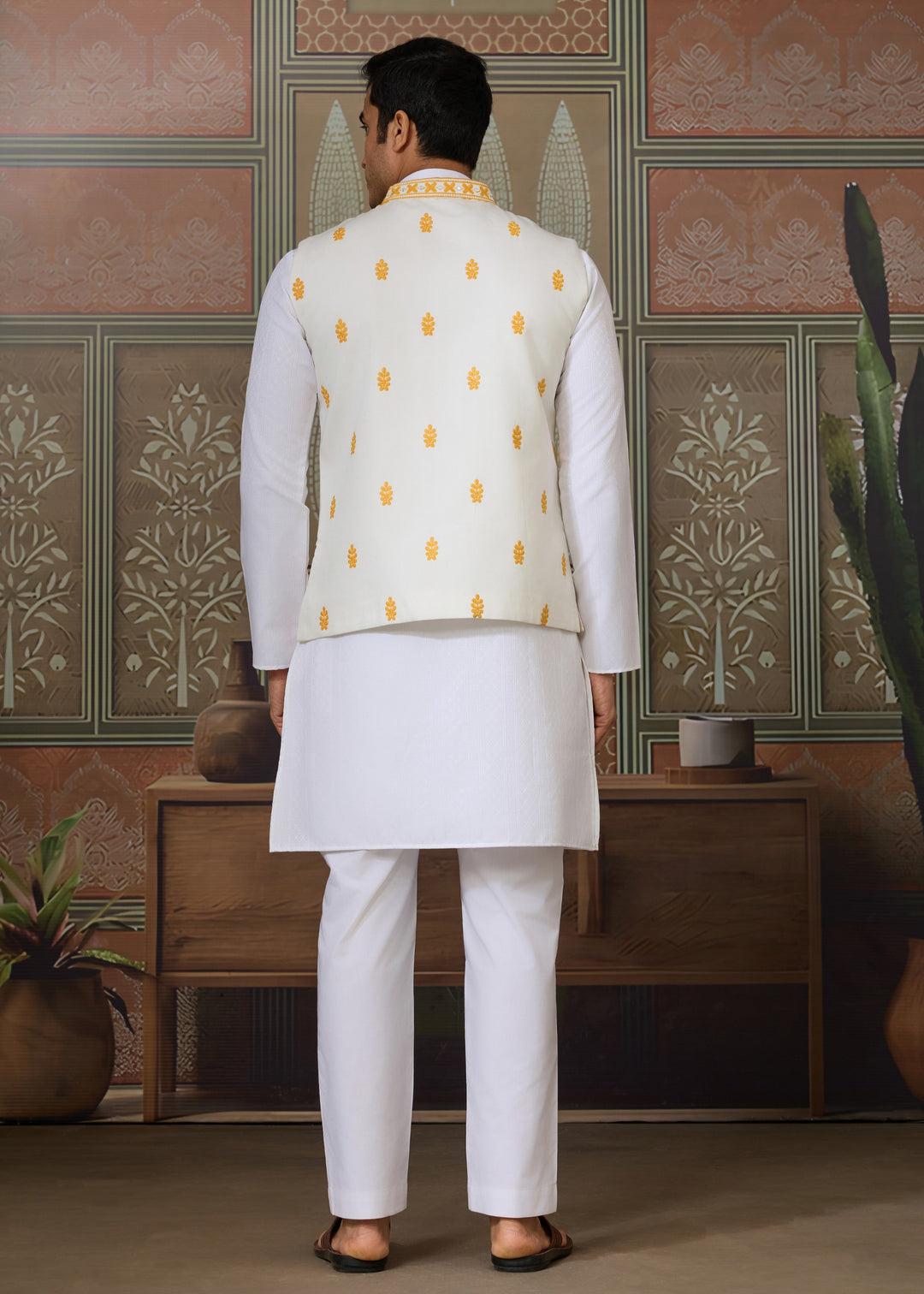 White Kurta And Pant With Sunflower Yellow Embroidered Nehru Jacket