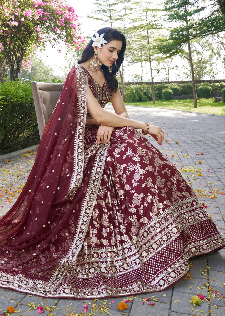 Maroon Sequins and Zari Embroidery Work Silk Lehenga