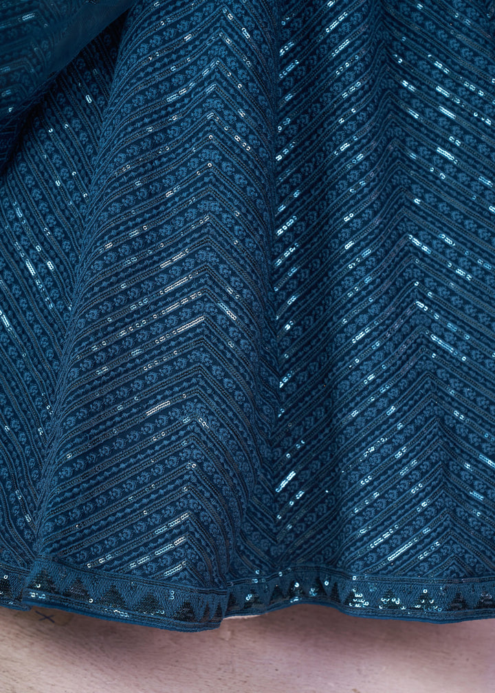 Teal Blue Georgette Lehenga Choli With Sequins And Thread Embroidery Work