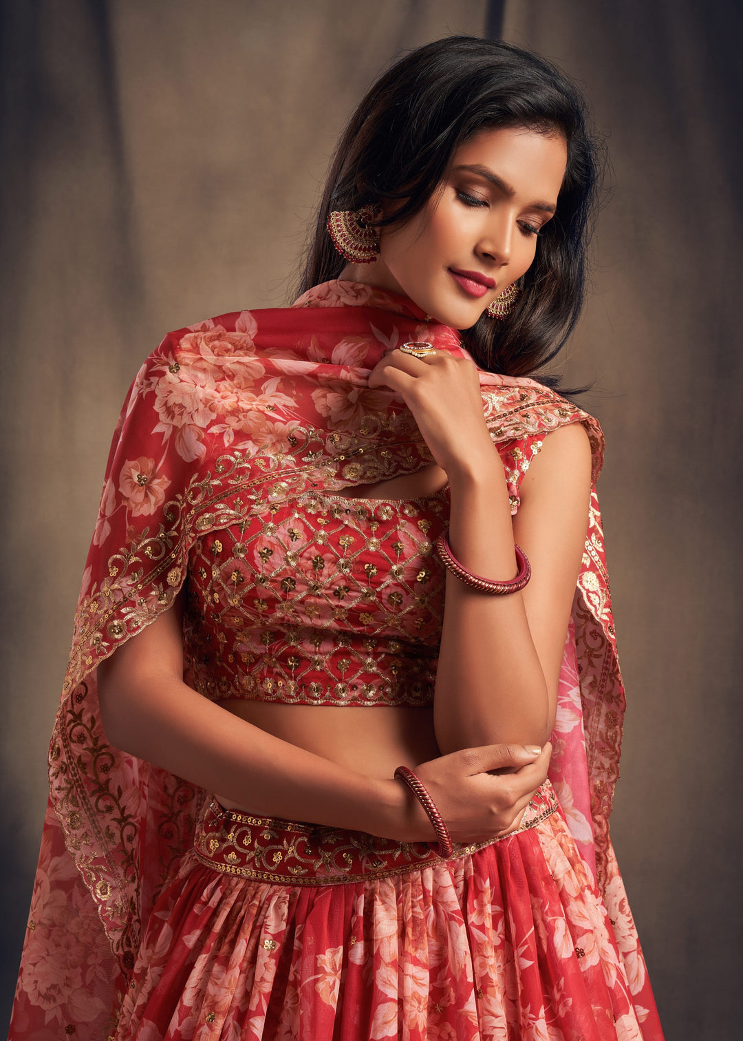 Red Organza Lehenga Sequins Zari Embroidery Work