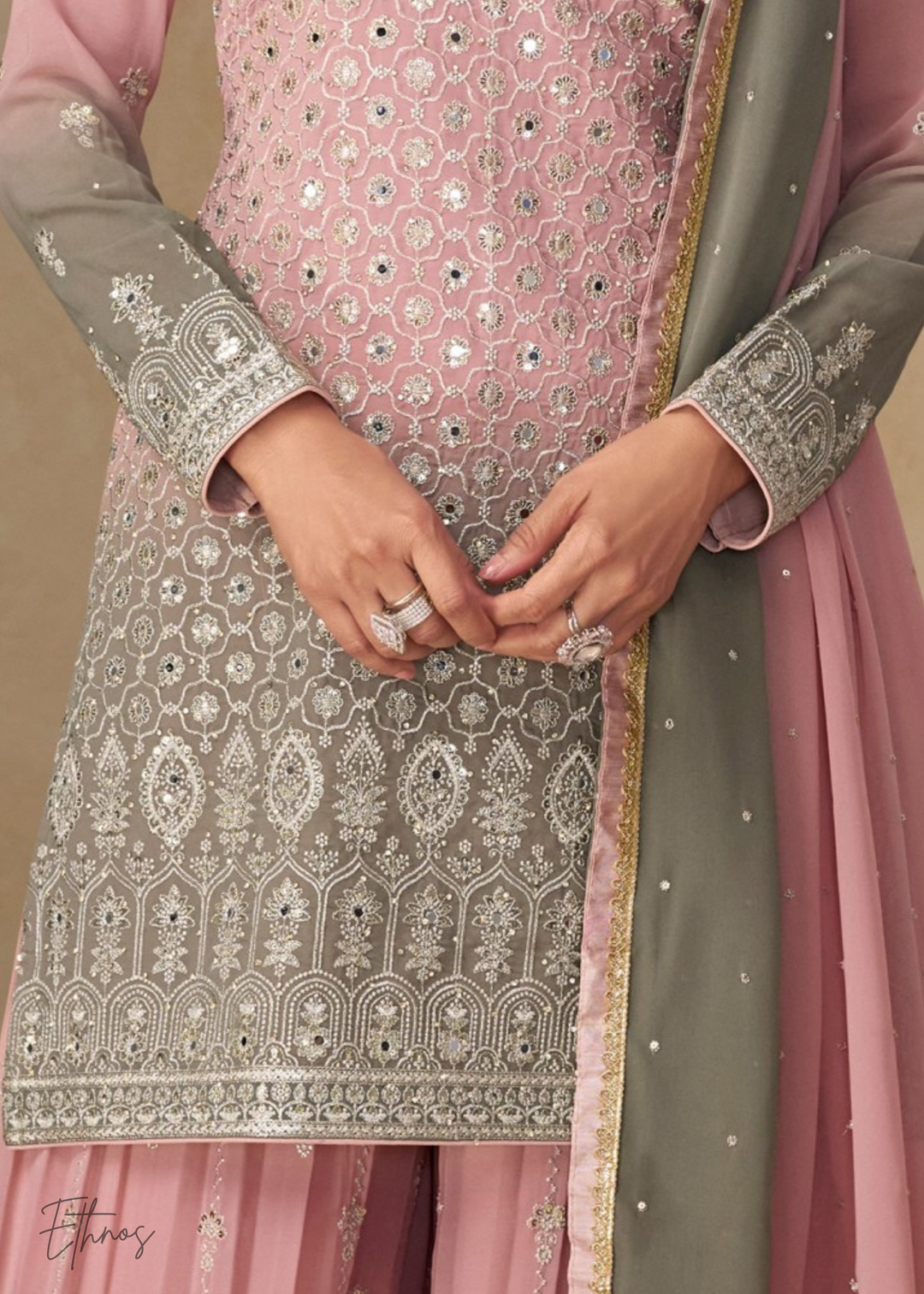 Blush Pink And Olive Grey Georgette Salwar Suit