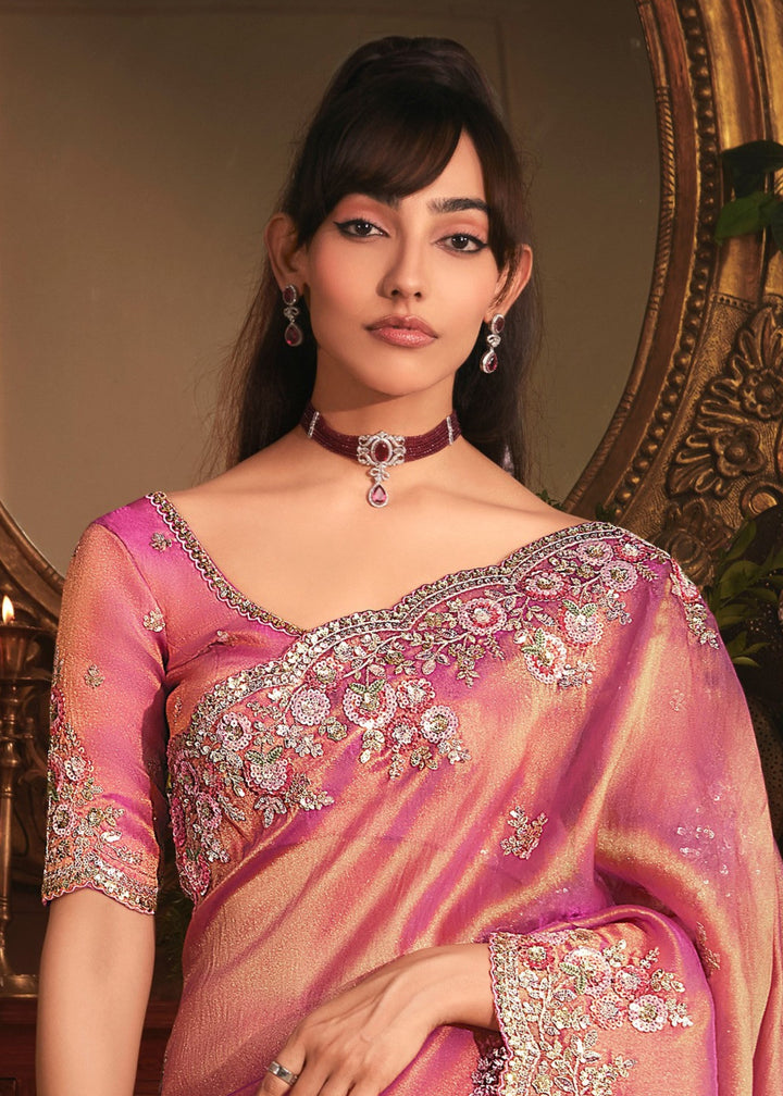 Deep Rose Pink Tissue Organza Saree With Heavy Embroidery