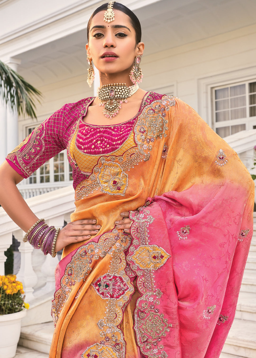 Orange - Rani Natural Crape Jaquard Saree With Jari Work