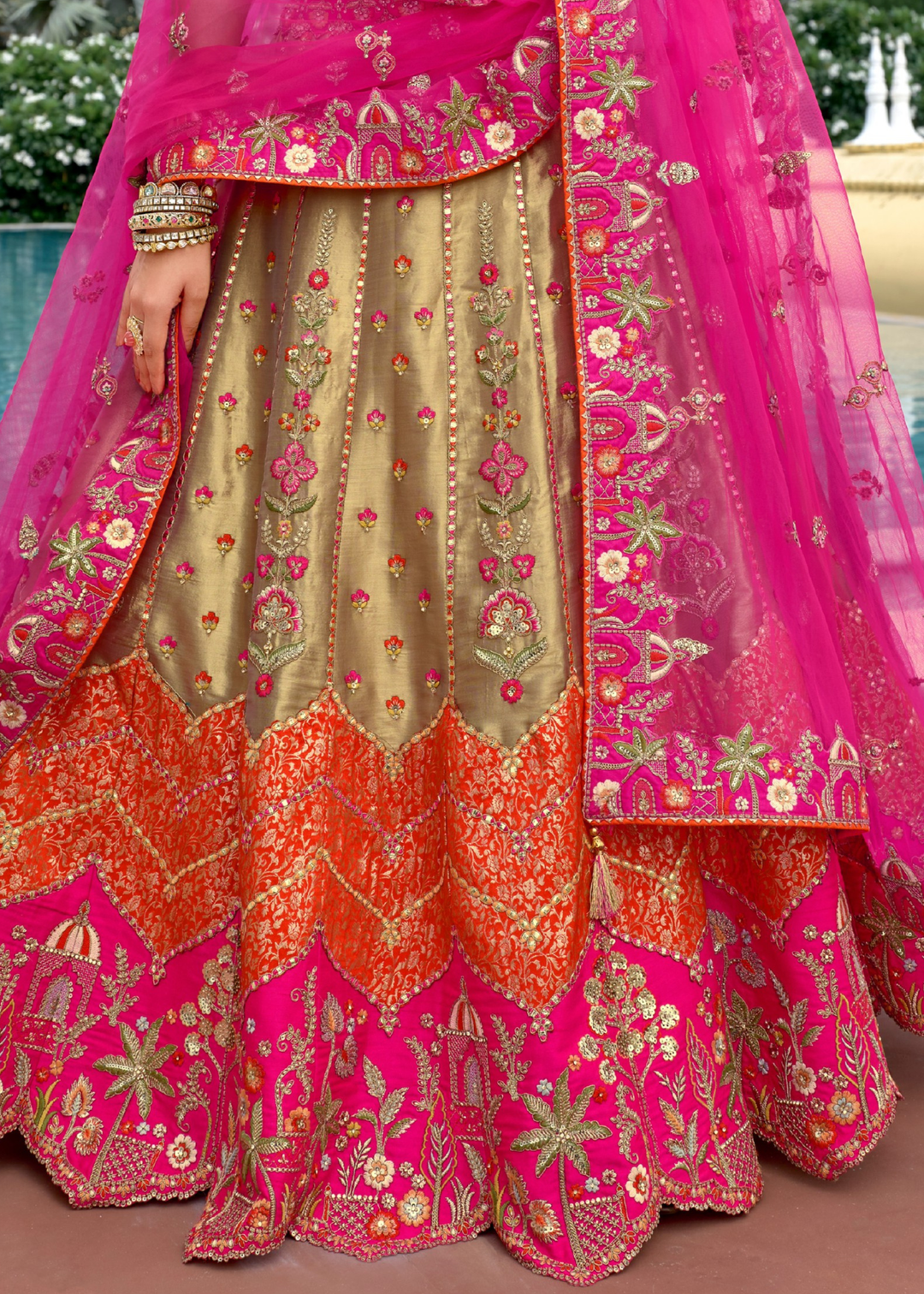 Rani Pink And Olive Green Silk Lehenga With Cut Work Border And Embroidery