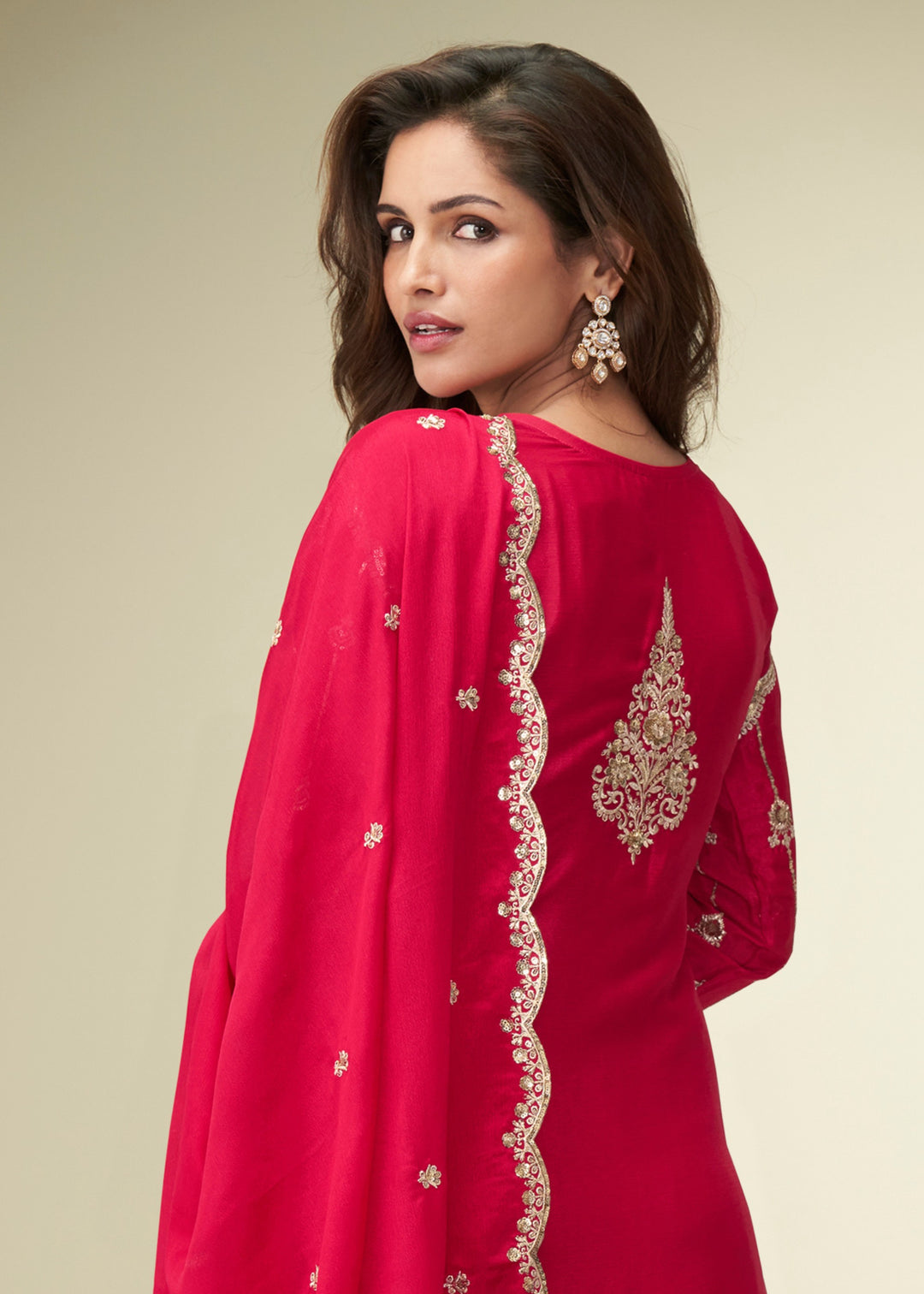 Bright Red With Golden Embroidery Chinnon Silk Salwar Suit