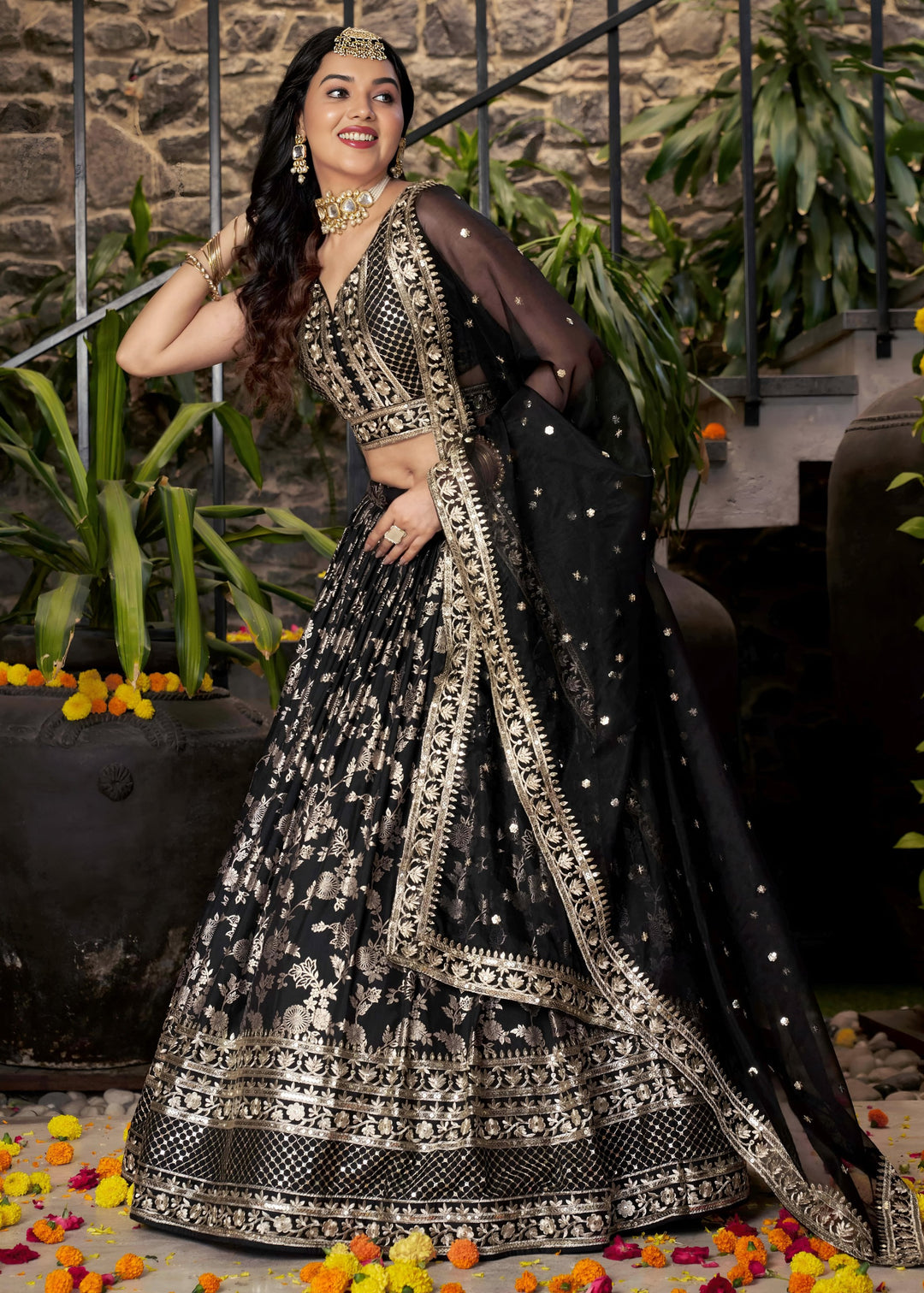 Black Sequins and Zari Embroidery Work Silk Lehenga