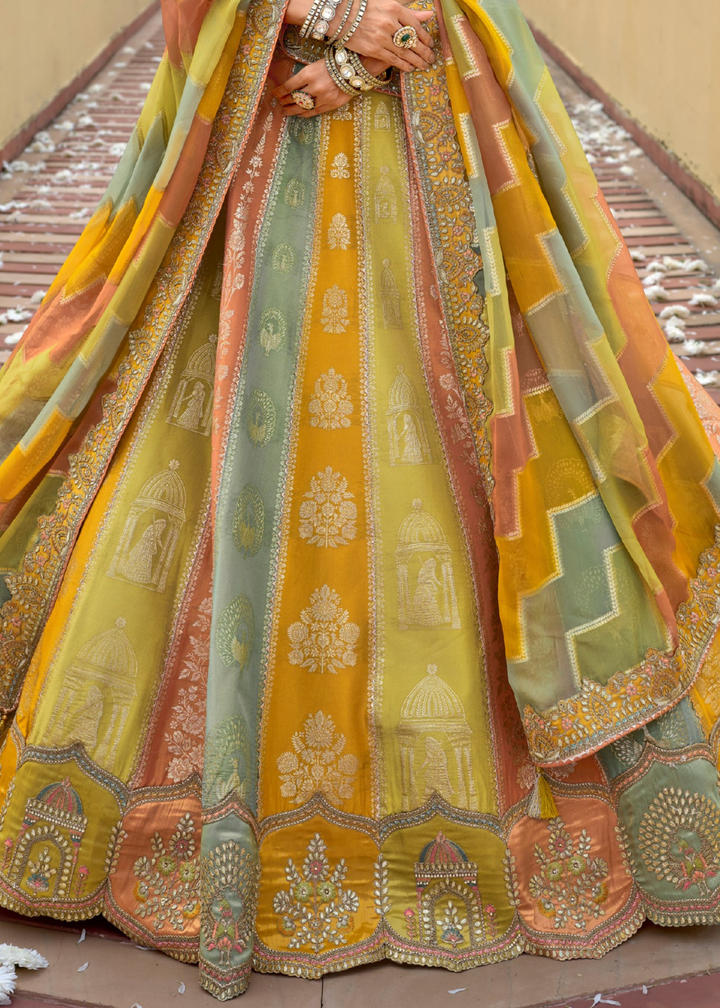 Sage Green And Mustard Silk Lehenga With Cut Work Border And Embroidery
