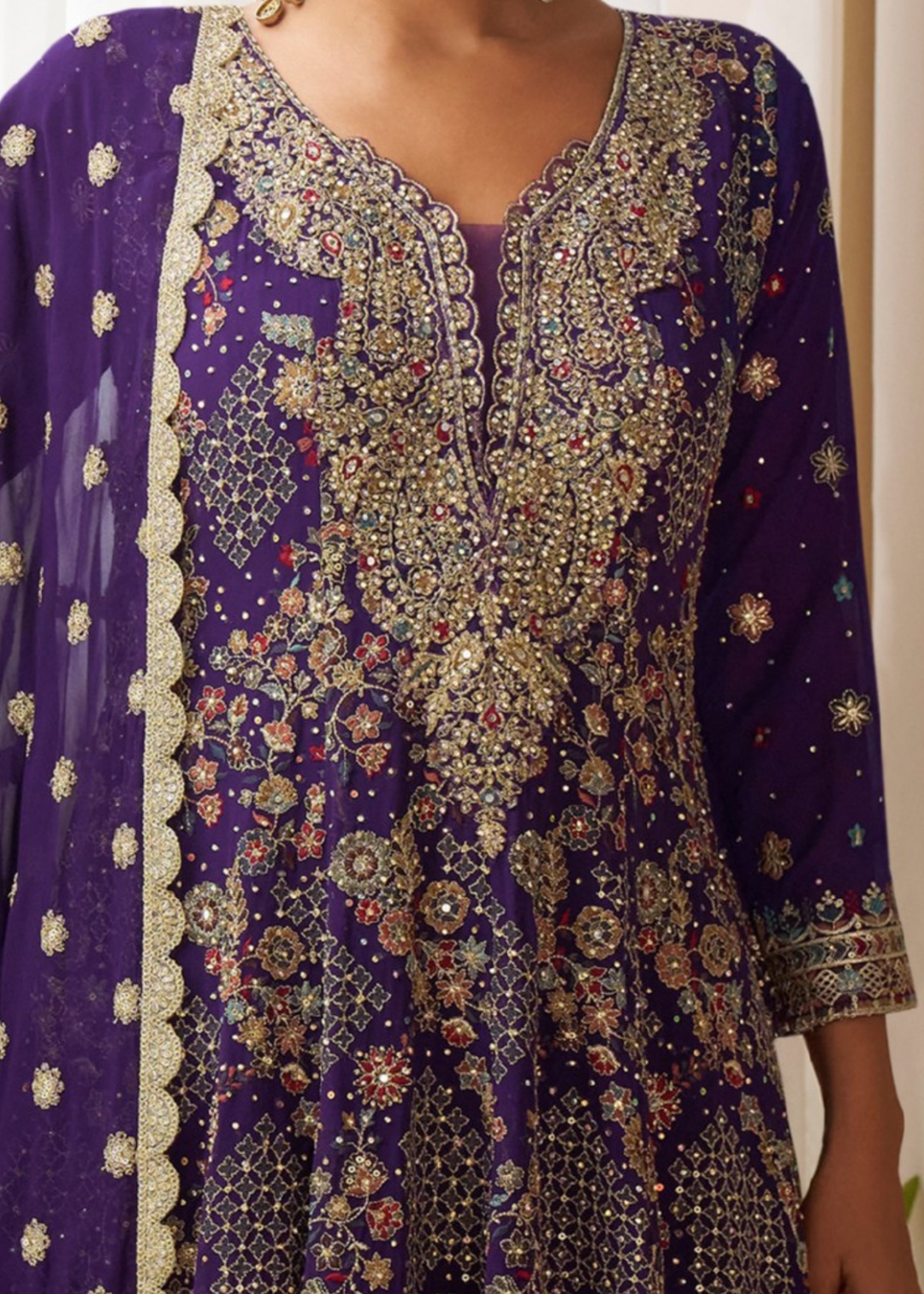 Purple With Gold Embroidery Georgette Palazzo Suit