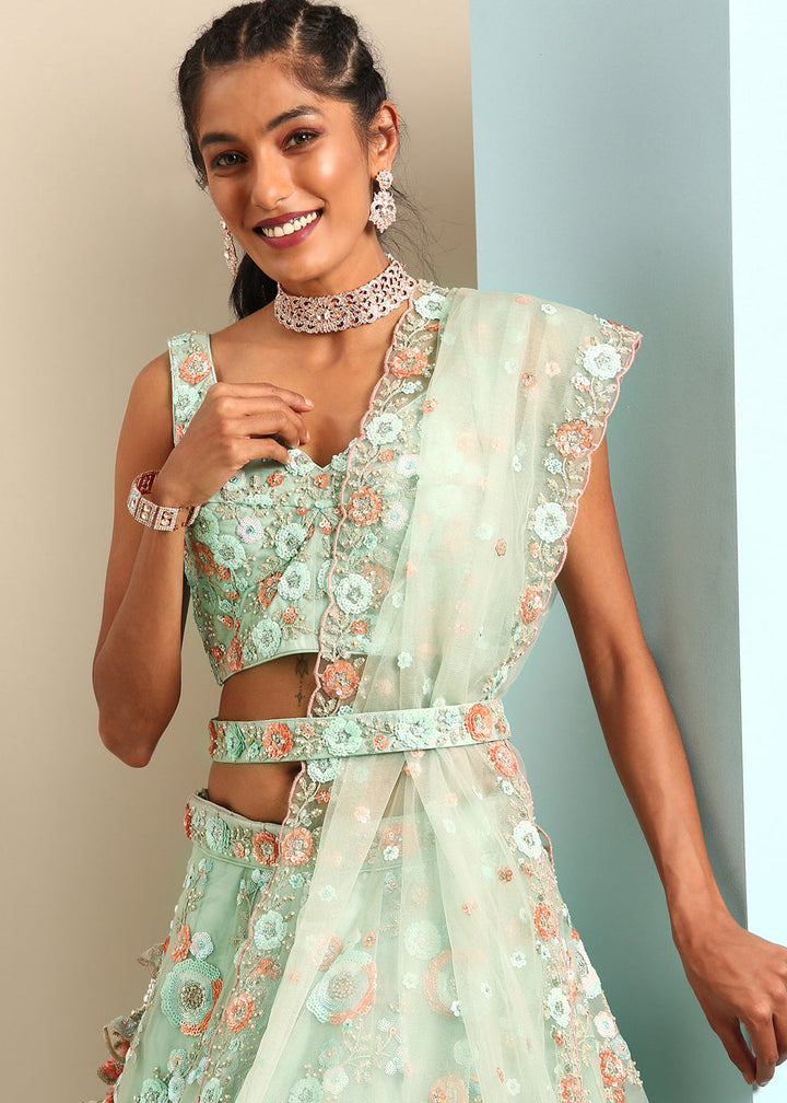 Shades Of Green Net Lehenga Choli with Sequins & Zarkan Embroidery work