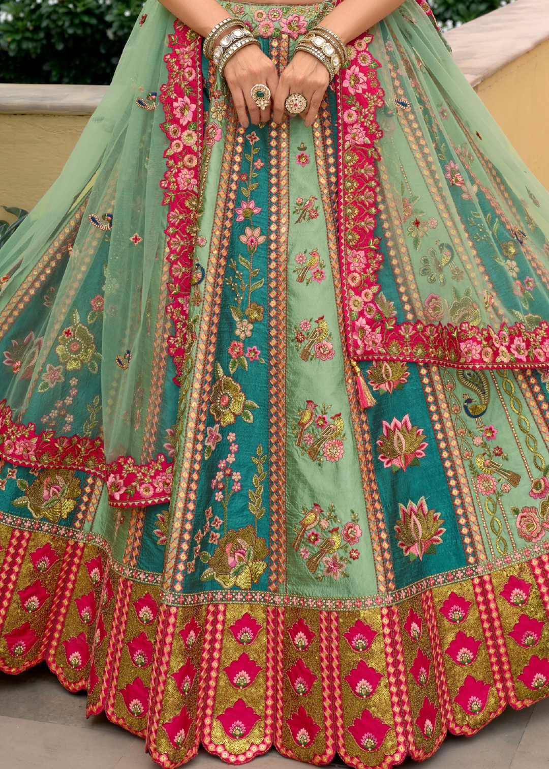 Teal Green And Pink Silk Lehenga With Cut Work Border And Embroidery
