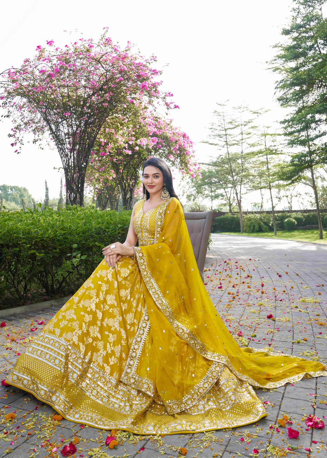 Yellow Sequins and Zari Embroidery Work Silk Lehenga