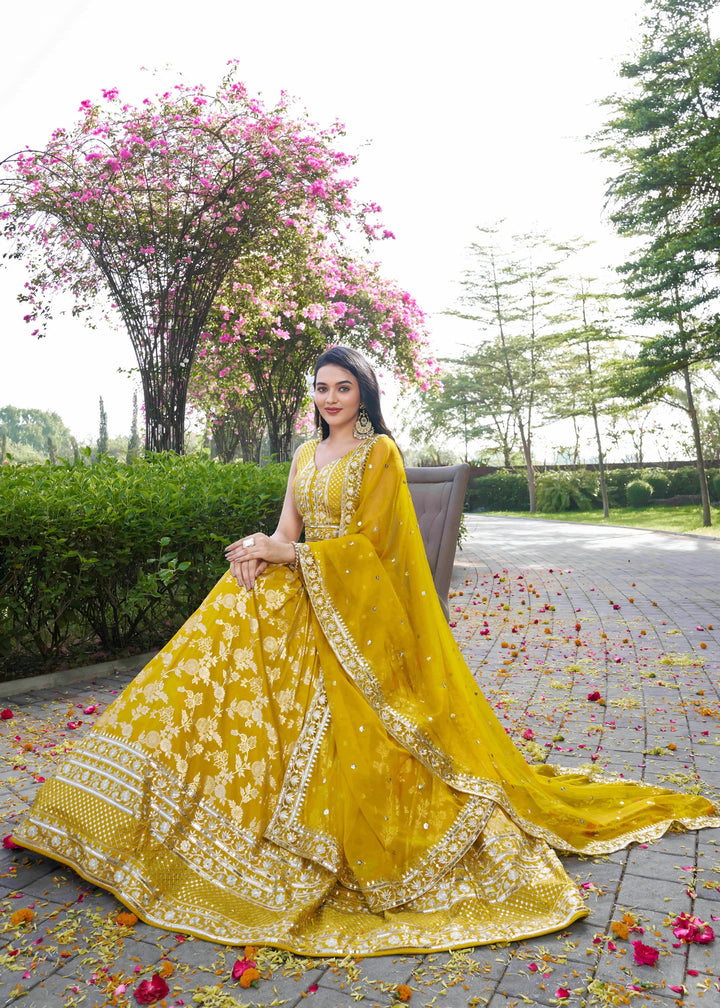 Yellow Sequins and Zari Embroidery Work Silk Lehenga
