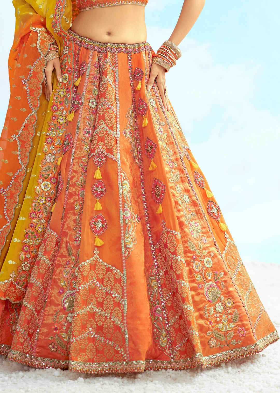Orange and Yellow Silk Lehenga With Cut Work Border