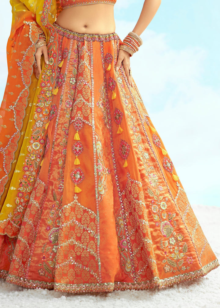 Orange and Yellow Silk Lehenga With Cut Work Border