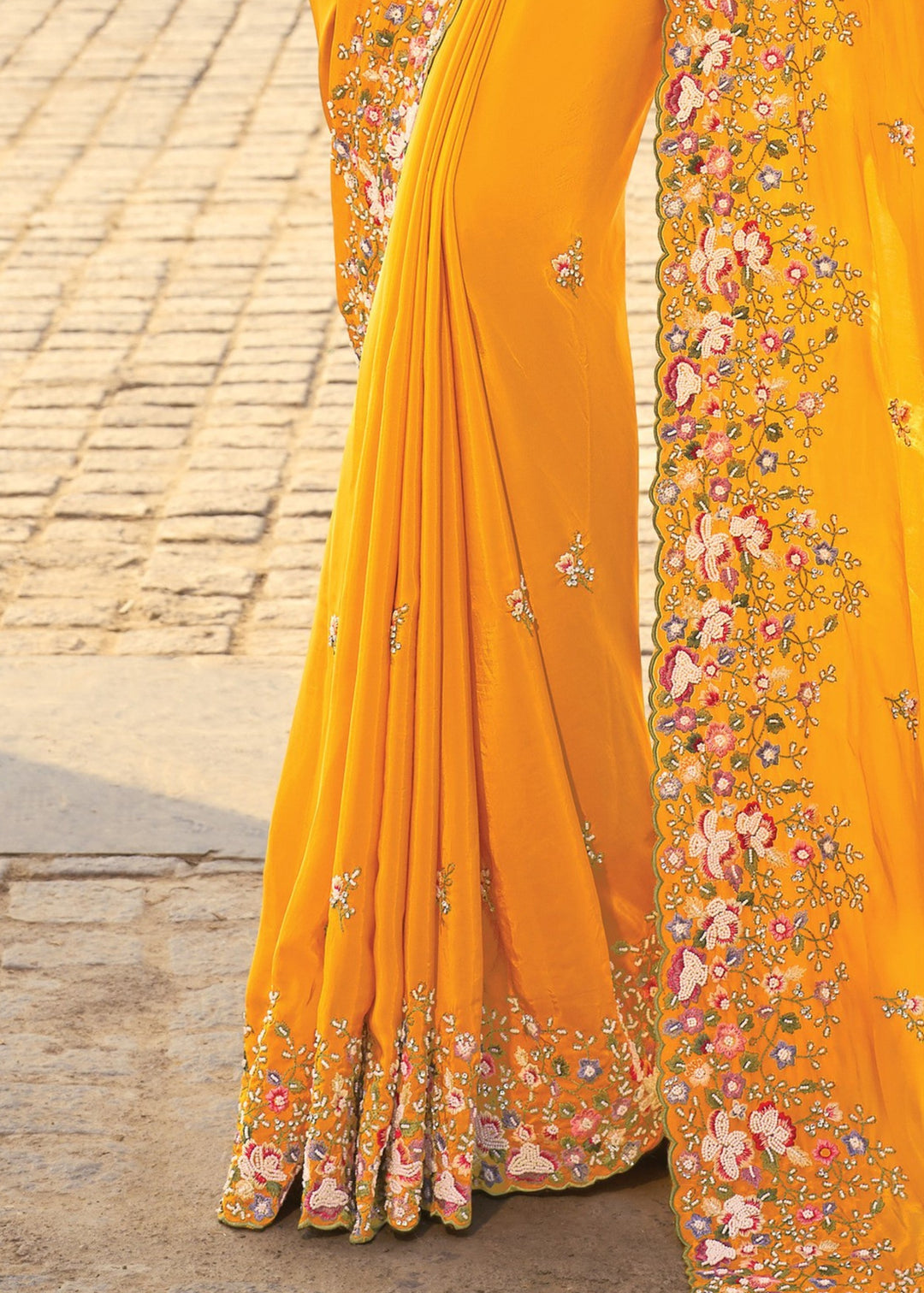 Mustard Pure Crape Saree With Moti Work