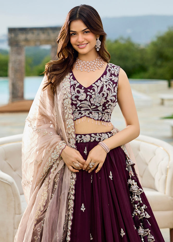 Wine Satin Silk Lehenga Choli with Beads & Sequince Embroidered