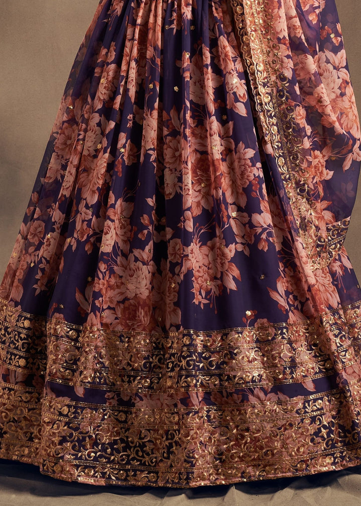 Purple Organza Lehenga Sequins Zari Embroidery Work