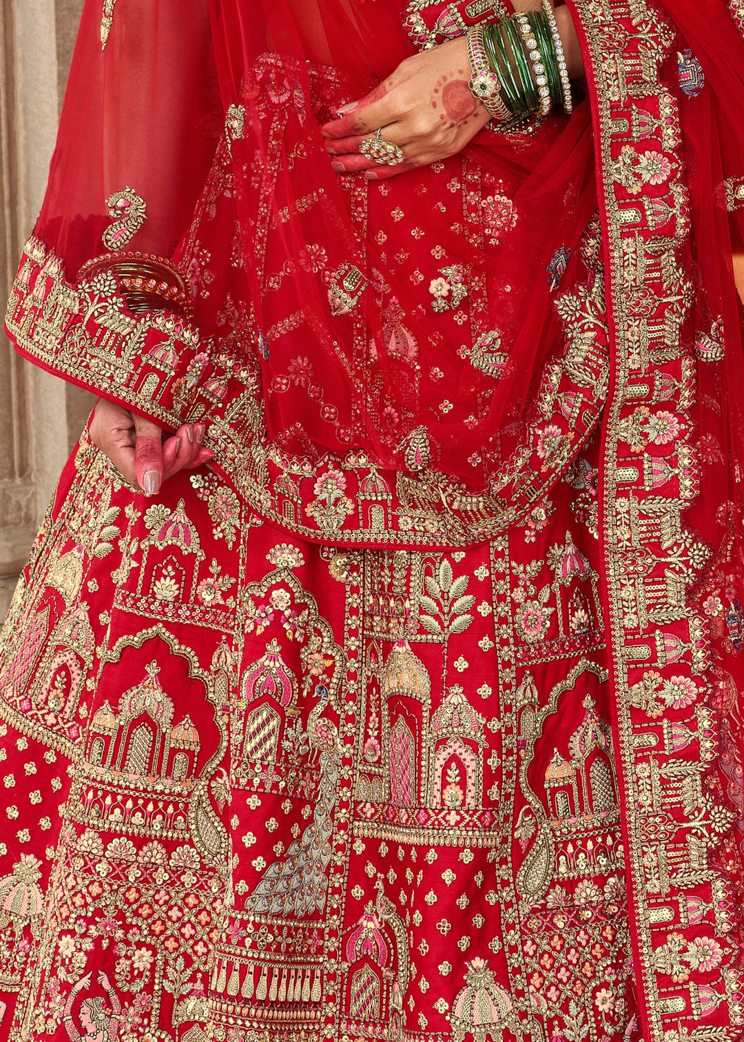 Crimson Red Heavy Bridal Silk Lehenga With Khatli And Embroidery Work