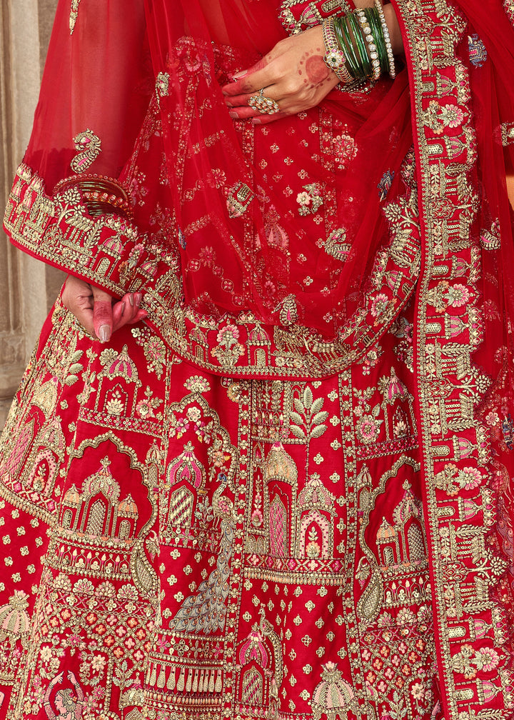 Crimson Red Heavy Bridal Silk Lehenga With Khatli And Embroidery Work