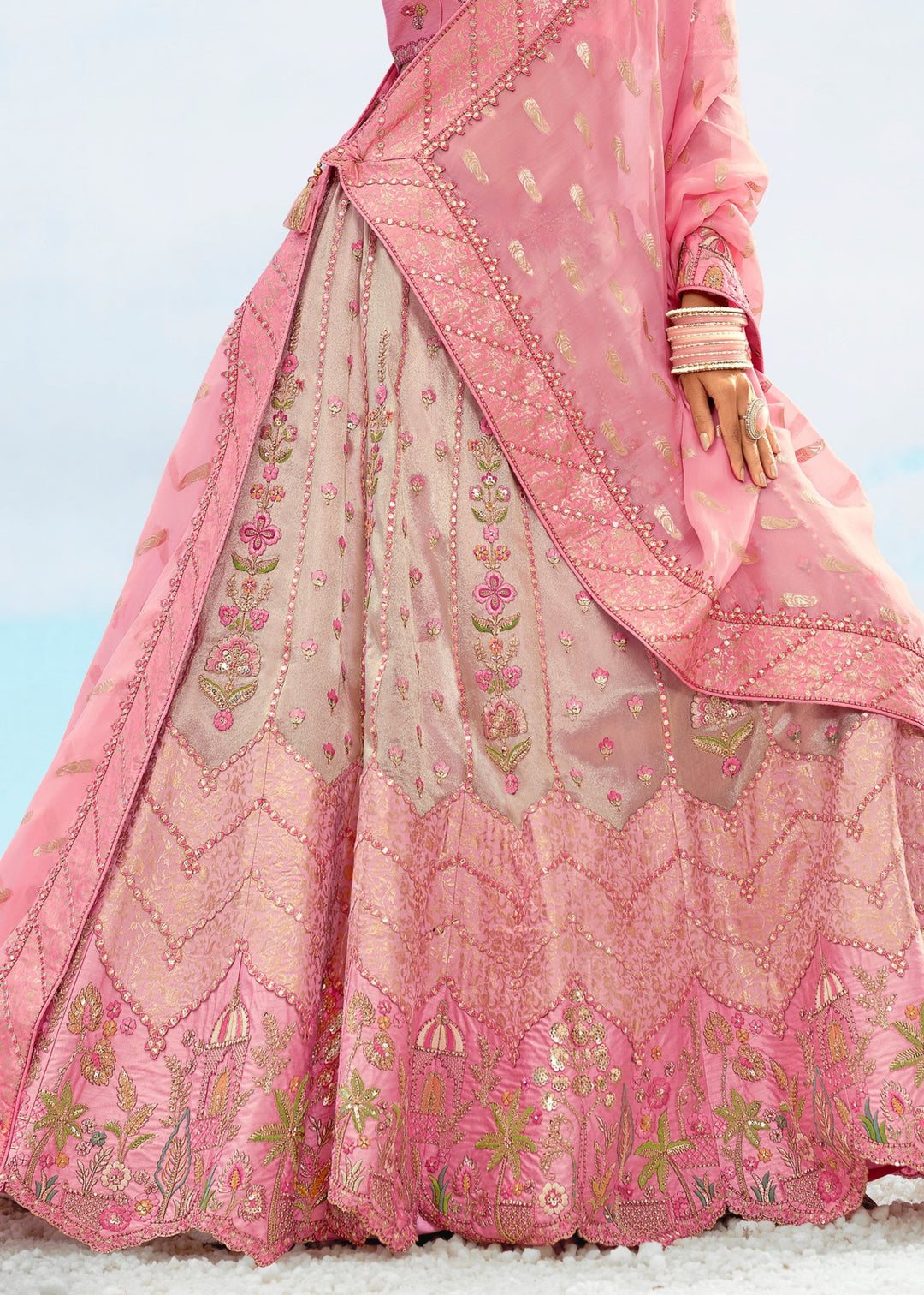 Soft Pink Silk Lehenga With Cut Work Border