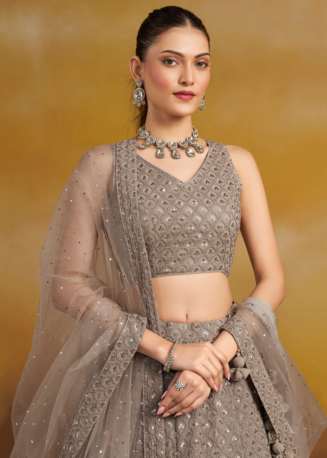 Grey Georgette Lehenga With Sequins and Thread Embroidered Work
