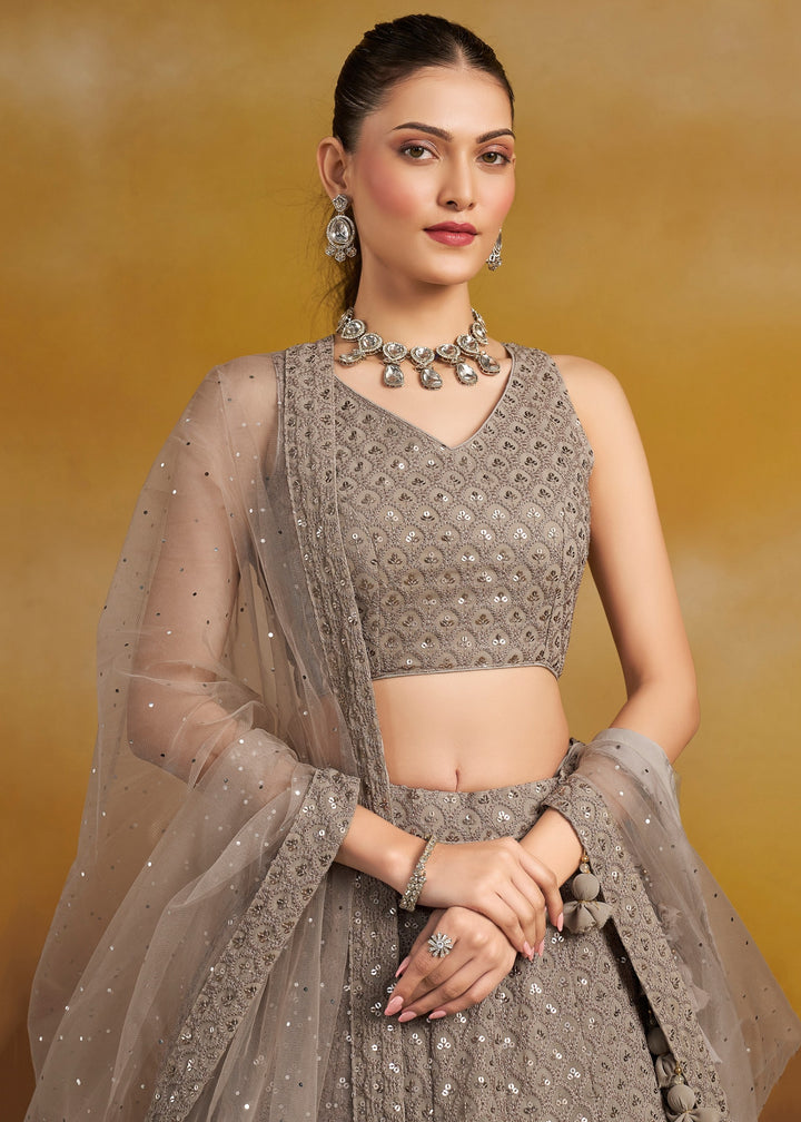 Grey Georgette Lehenga With Sequins and Thread Embroidered Work