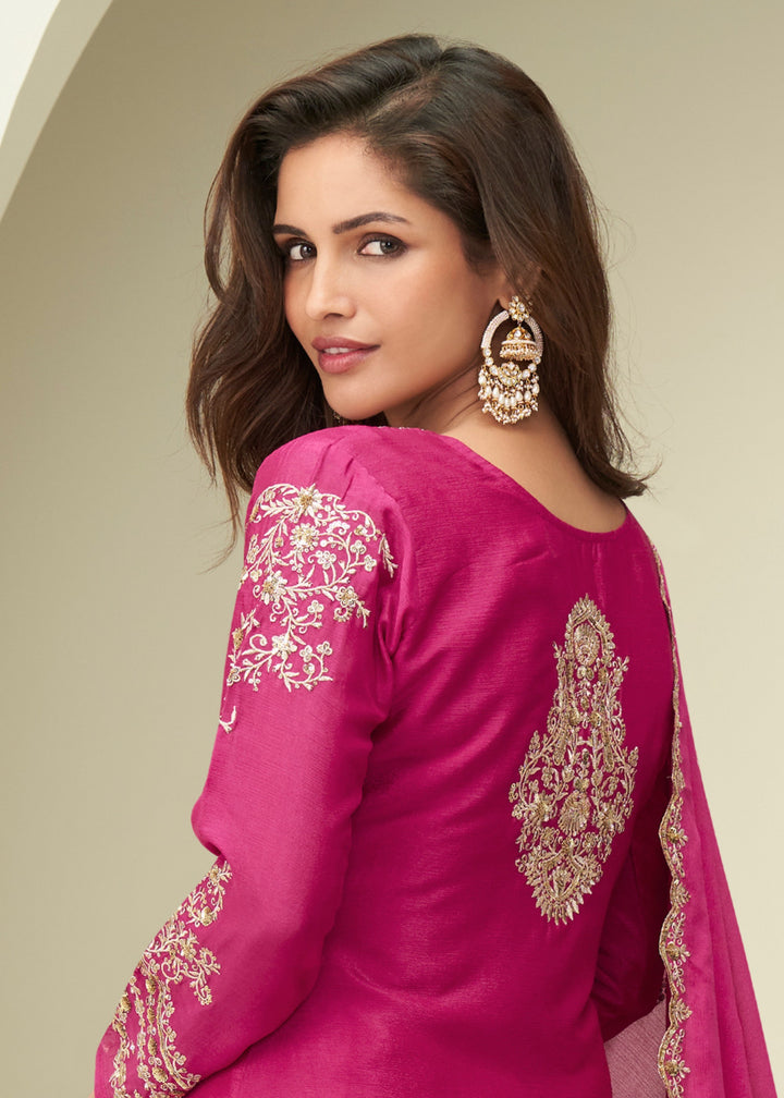 Bright Magenta/Pink With Golden Embroidery Chinnon Silk Salwar Suit
