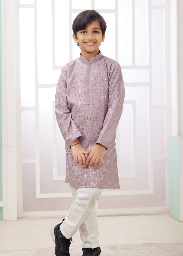 Thistle Purple Silk Mens Kurta Set With Thread Embroidery Work