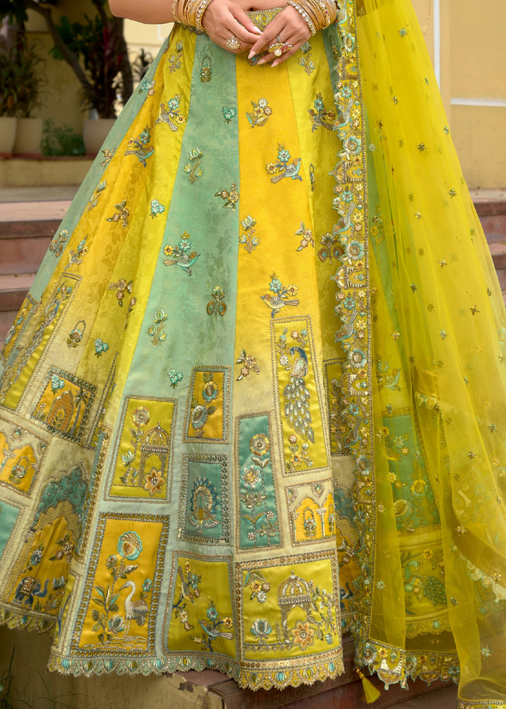 Lemon Yellow And Aqua Silk Lehenga With Cut Work Border And Embroidery