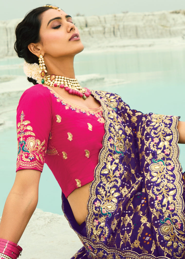 Purple Georgette Bandhej Saree With Moti & Cut-Dana Handwork Border