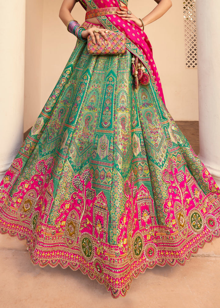 Sea Green Base Banarasi Silk Lehenga And Golden Zari Work