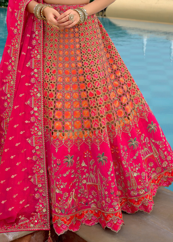Hot Pink And Orange Silk Lehenga With Cut Work Border And Embroidery