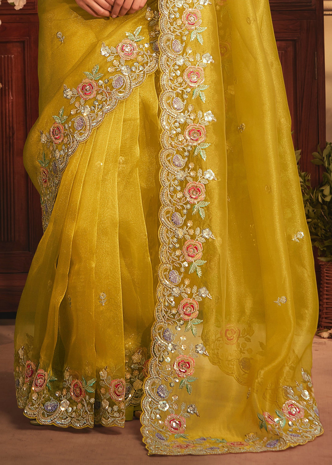 Mustard Yellow Tissue Organza Saree With Heavy Embroidery