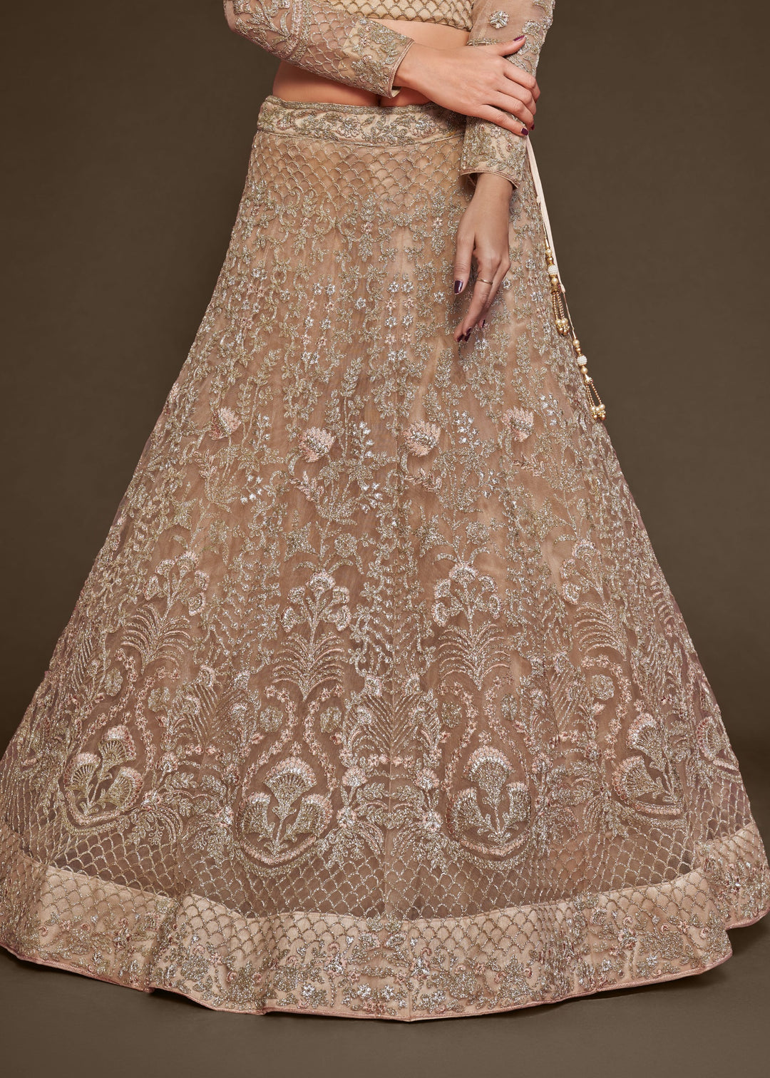 Beige Soft Net Lehenga with Thread, Zari, Badla and Glitter Dori Embroidery Work