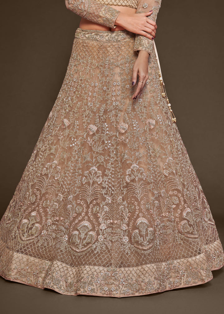 Beige Soft Net Lehenga with Thread, Zari, Badla and Glitter Dori Embroidery Work