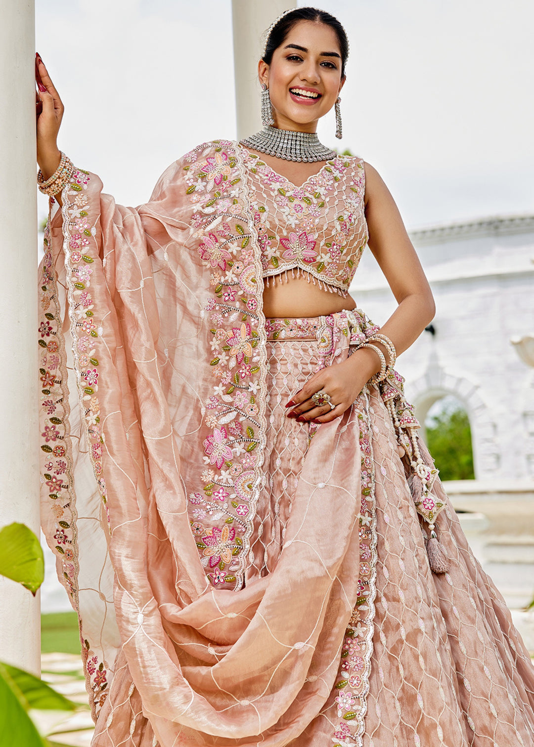 Nude Satin Silk Lehenga Choli with Sequinned Embroidered
