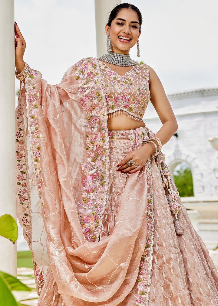 Nude Satin Silk Lehenga Choli with Sequinned Embroidered