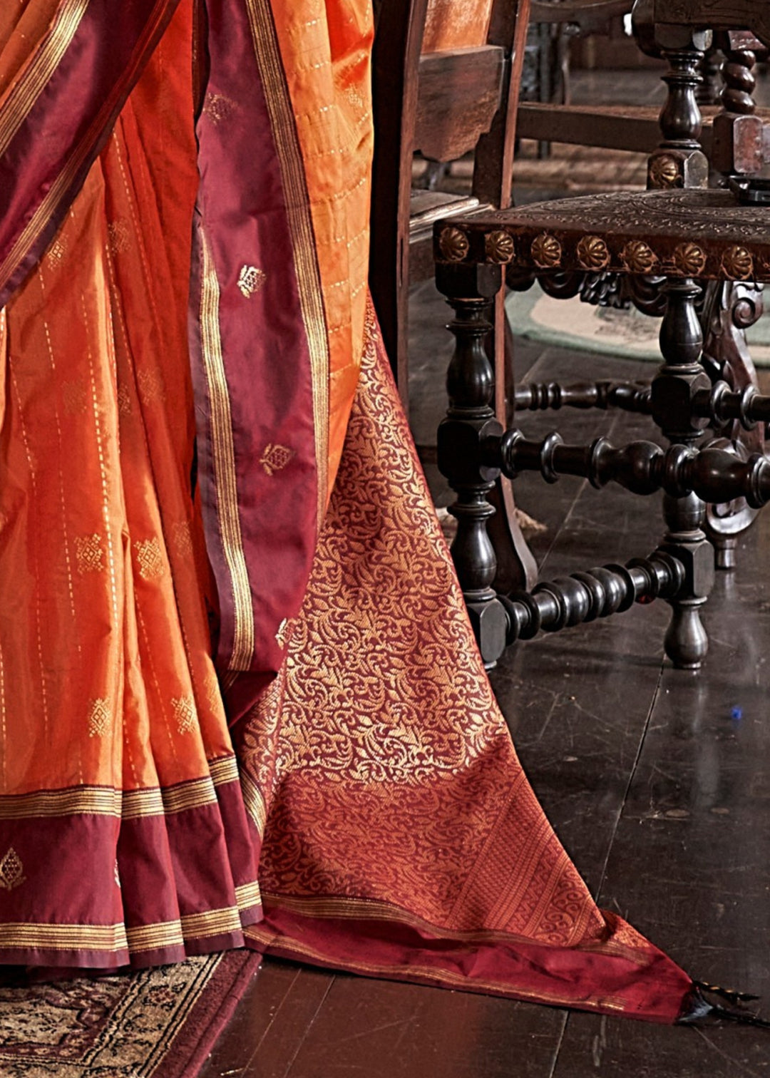 Orange Tussar Silk Handloom Weaving Saree