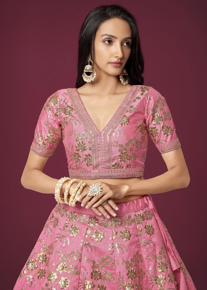 Pink Slub Silk Lehenga with Zari Sequins and Dori Embroidery Work