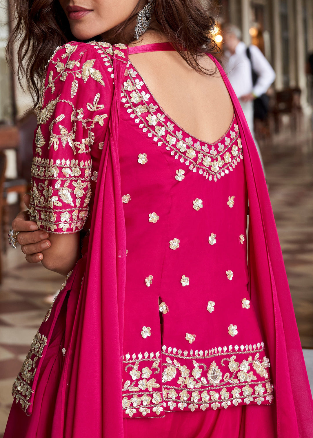 Fluorescent Pink Organza Silk Palazzo Suit With Designer Dupatta