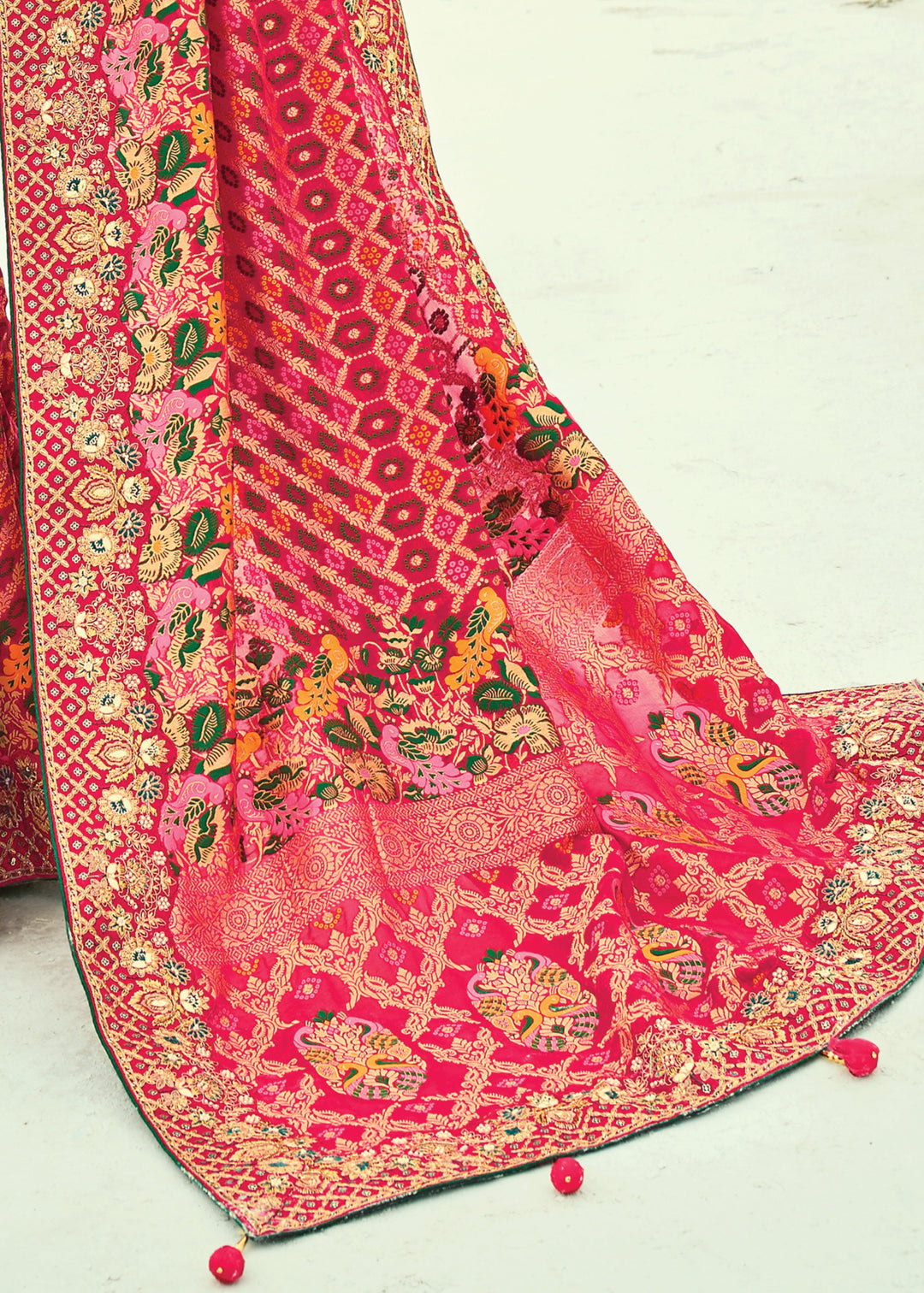 French Pink Georgette Bandhej Saree With Moti & Cut-Dana Handwork Border