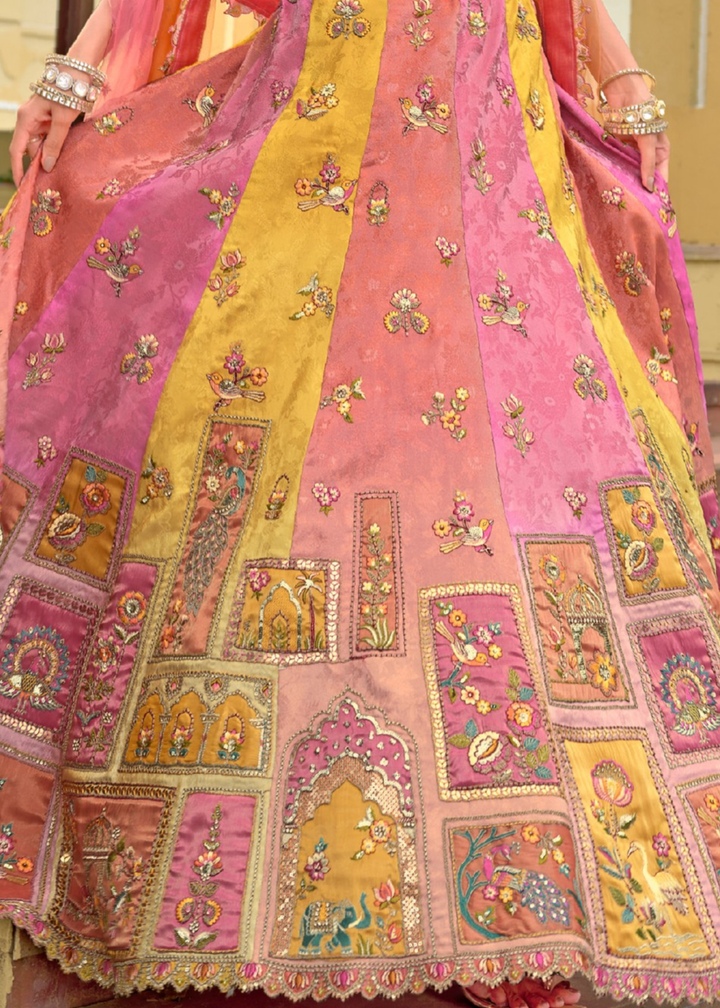 Baby Pink And Peach Silk Lehenga With Cut Work Border And Embroidery