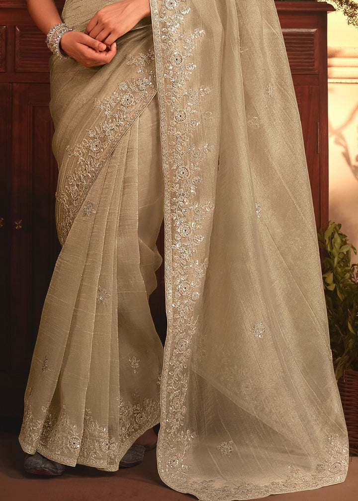 Beige Tissue Organza Saree With Heavy Embroidery