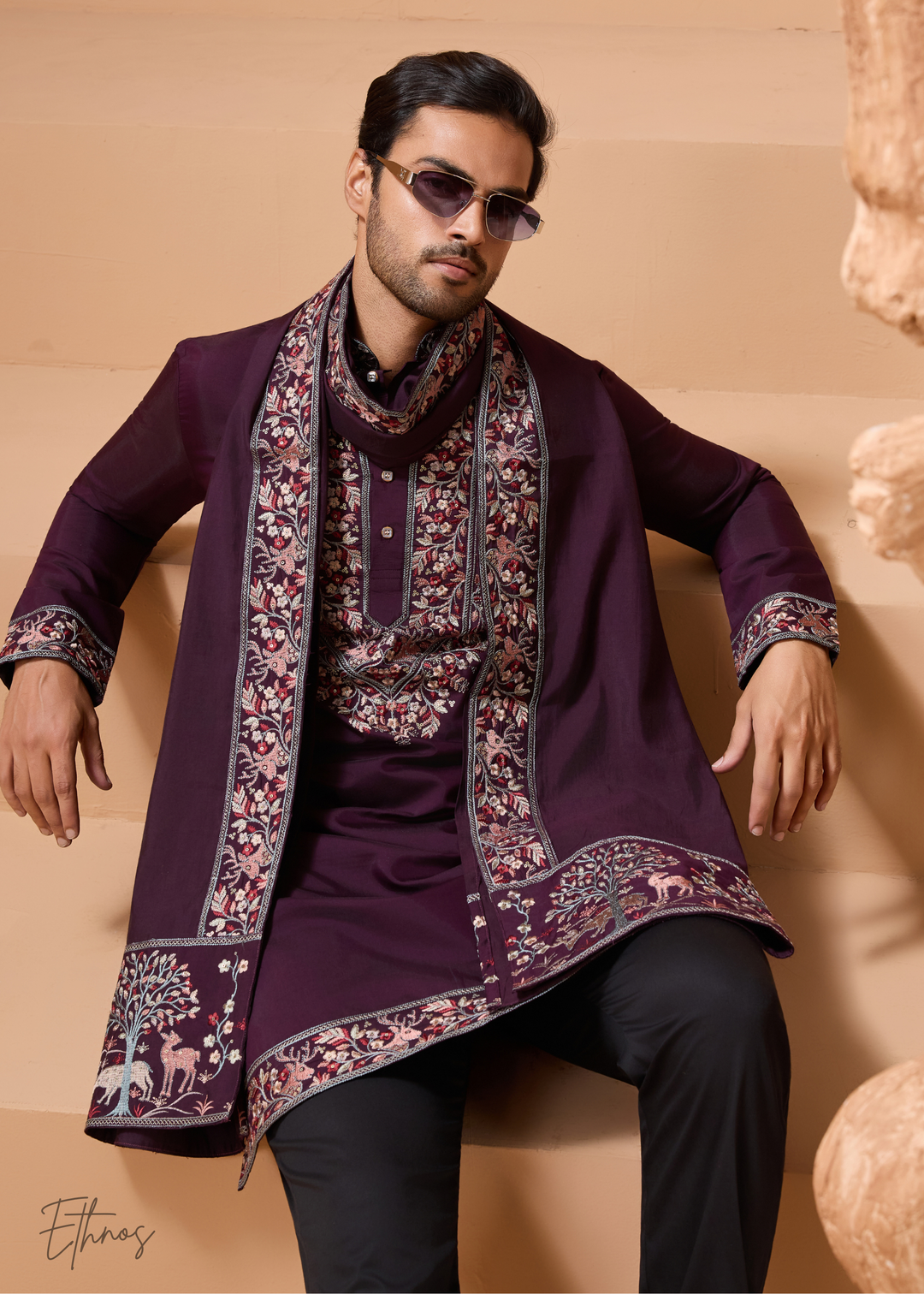 Purple Mens Wear Silk Kurta With Pant And Dupatta
