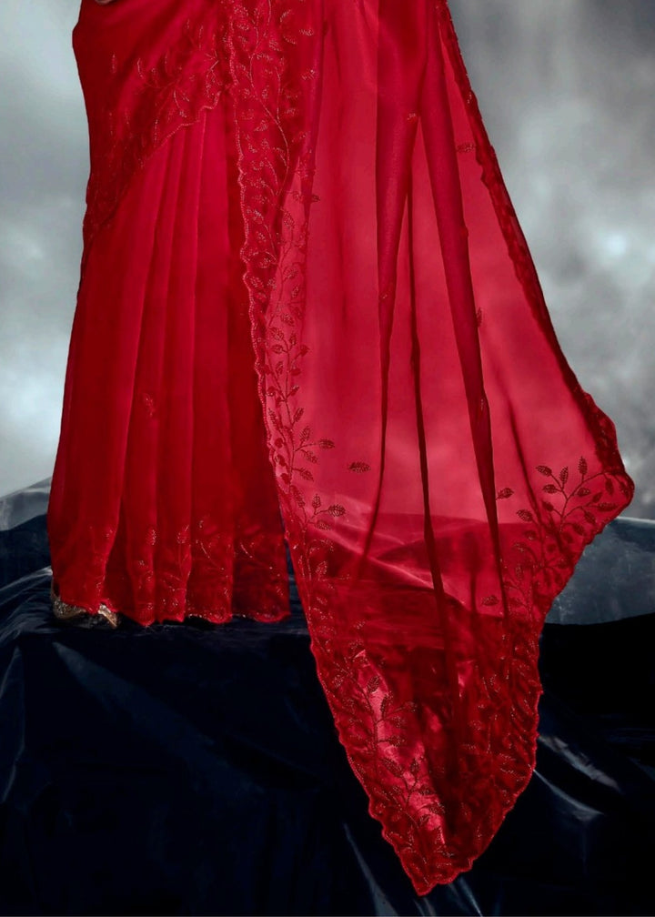 Red Pure Fancy Saree with Hand Worked Border