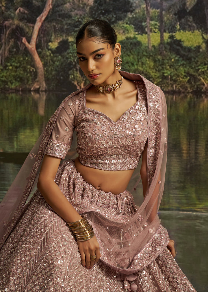 Mauve-pink Soft Net Lehenga with embroidery