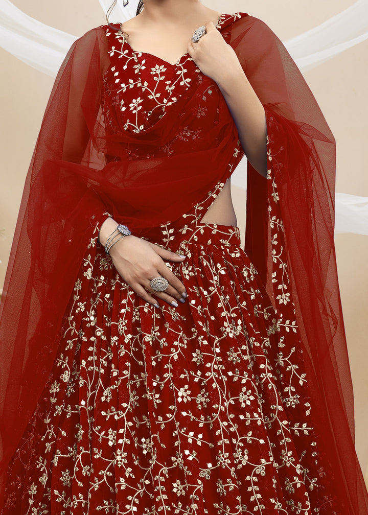 Maroon Red Georgette Lehenga Choli With Sequins Zari Embroidered Work