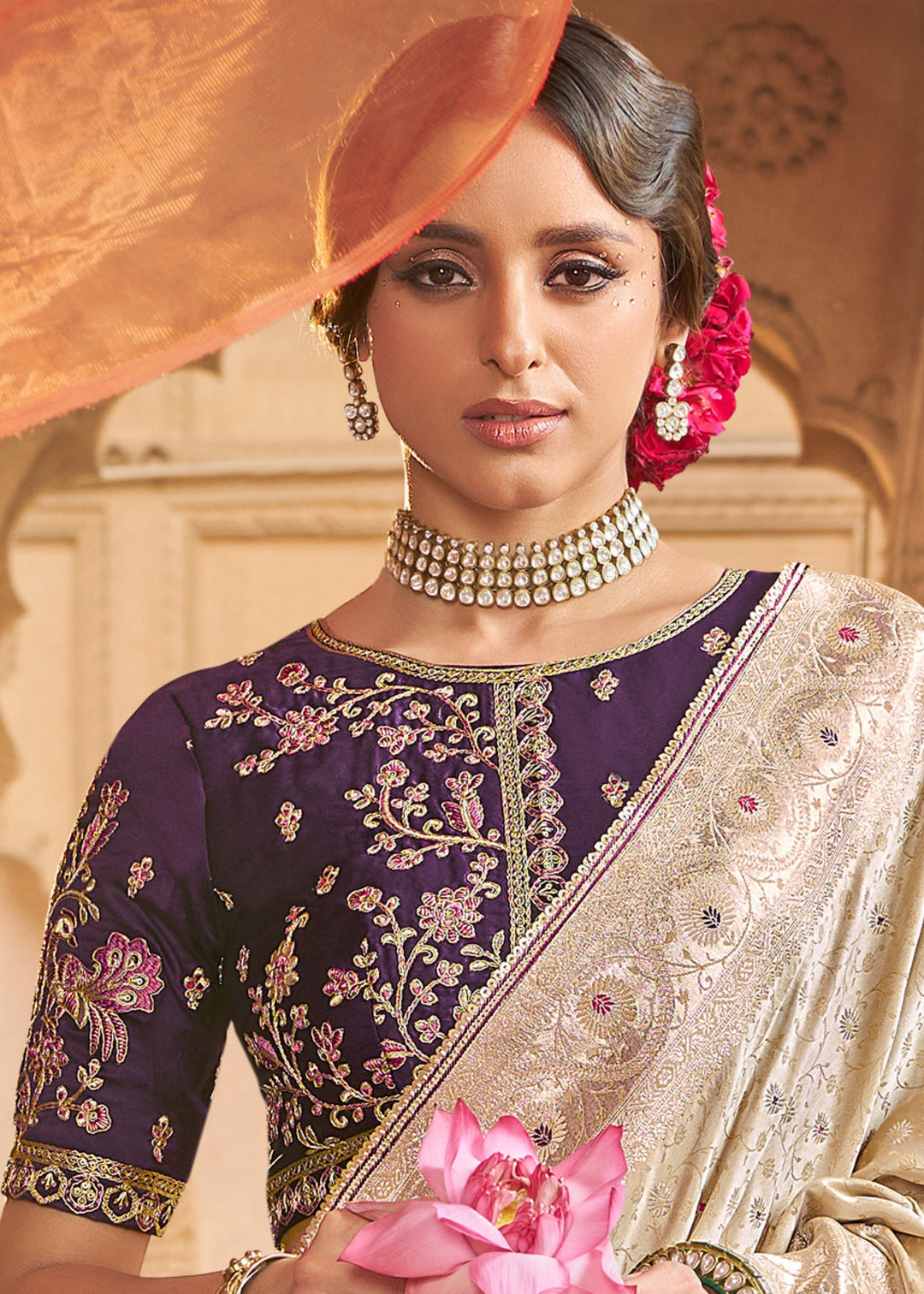 Warm White Satin Silk Saree With Beautiful Lace Border And Heavy Designer Embroidered Blouse : Top Pick