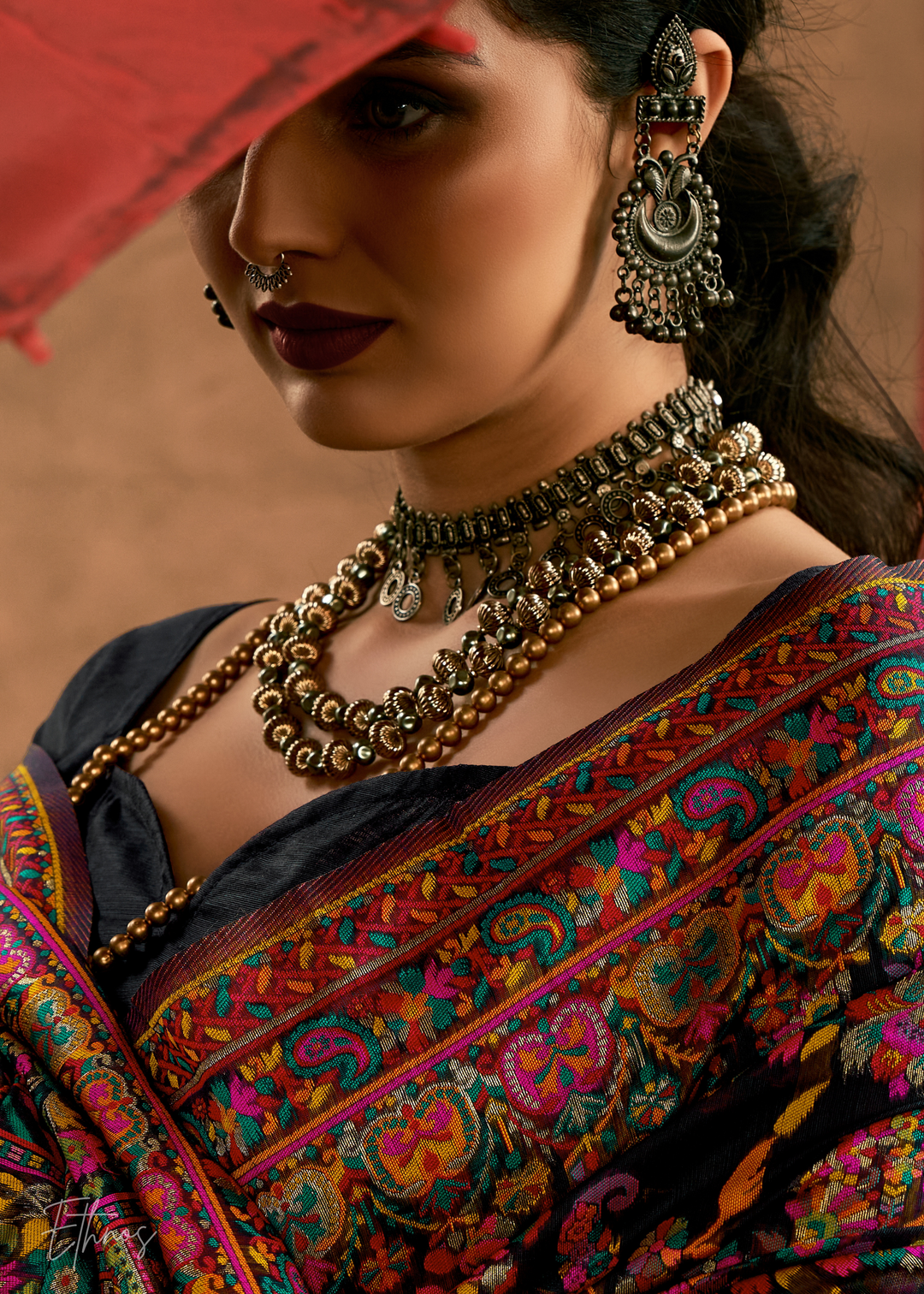 Noir Black with Multicolour Kashmiri Floral Weave Saree