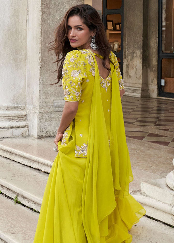 Lemon Yellow Organza Silk Palazzo Suit With Designer Dupatta